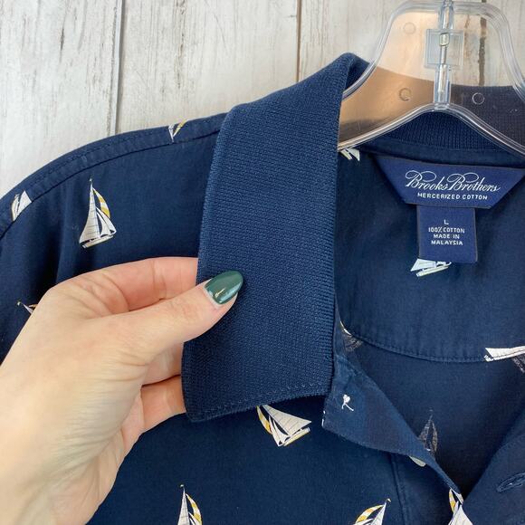 Brooks Brothers Sailboat Print Polo Shirt Navy Mercerized Cotton Men Size Large - Picture 9 of 10
